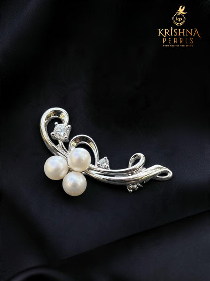 92.5 Silver Flora Three Pearls Studded Side Brooch