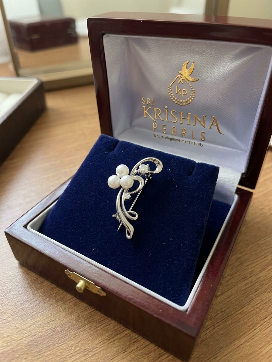 92.5 Silver Flora Three Pearls Studded Side Brooch