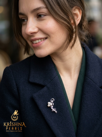 92.5 Silver Flora Three Pearls Studded Side Brooch