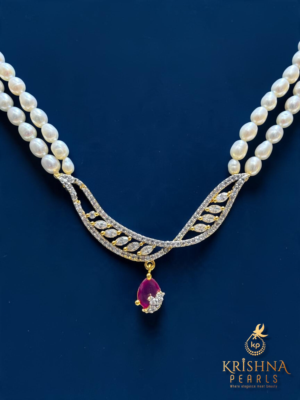 Classy DropCut Ruby Studded Pearls Necklace Set