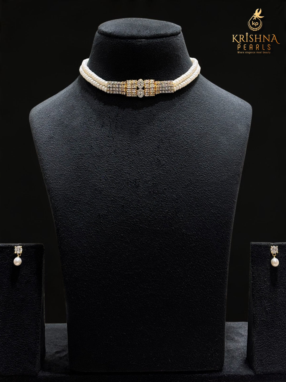 Adorable Diamonds Studded Double Layers Pearls Choker Set