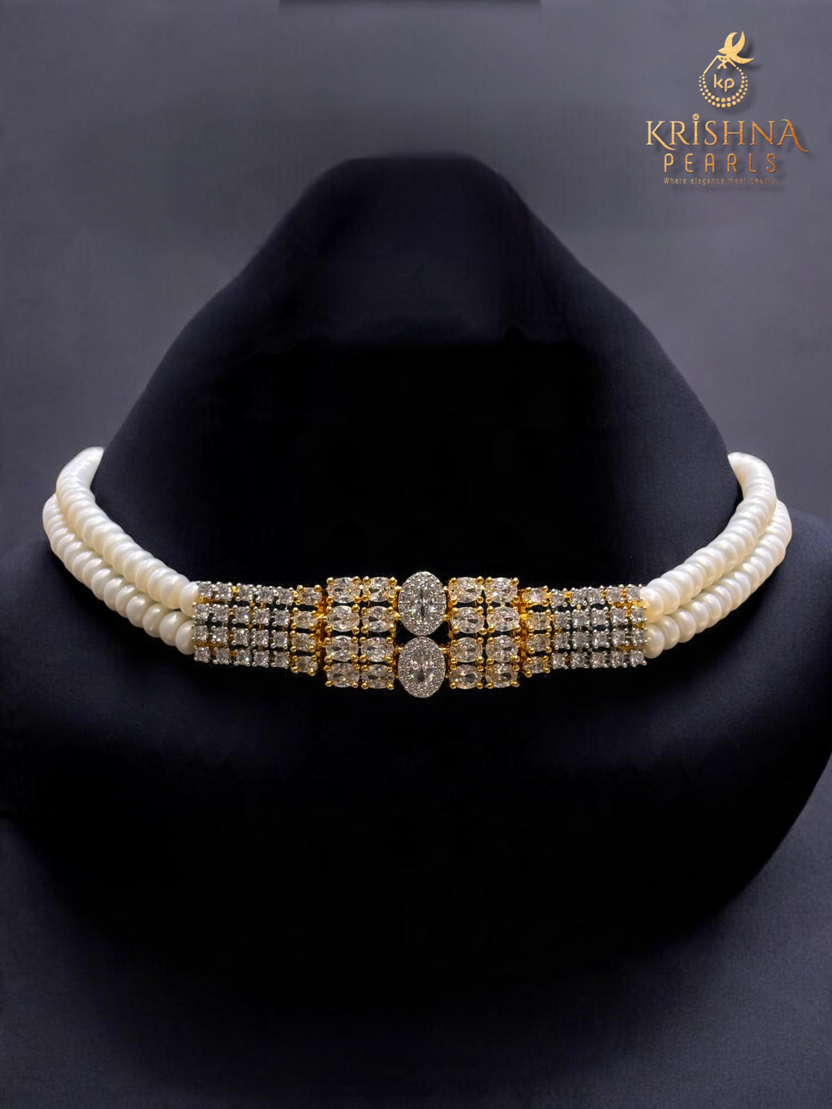 Adorable Diamonds Studded Double Layers Pearls Choker Set