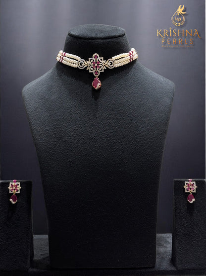 Regal Ruby Studded Three Layers Pearls Choker Set