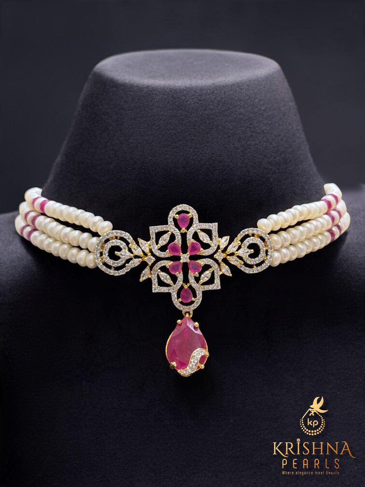 Regal Ruby Studded Three Layers Pearls Choker Set