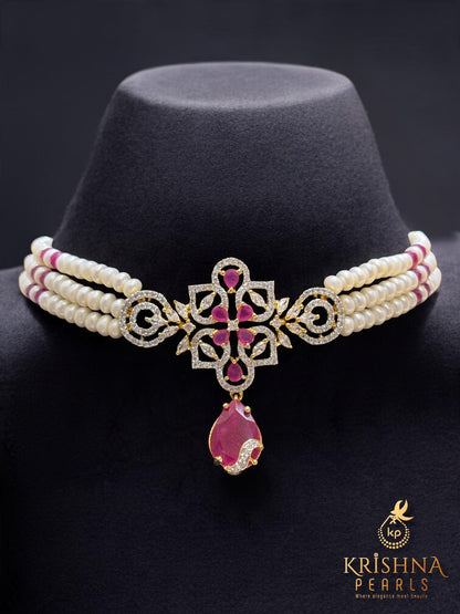 Regal Ruby Studded Three Layers Pearls Choker Set