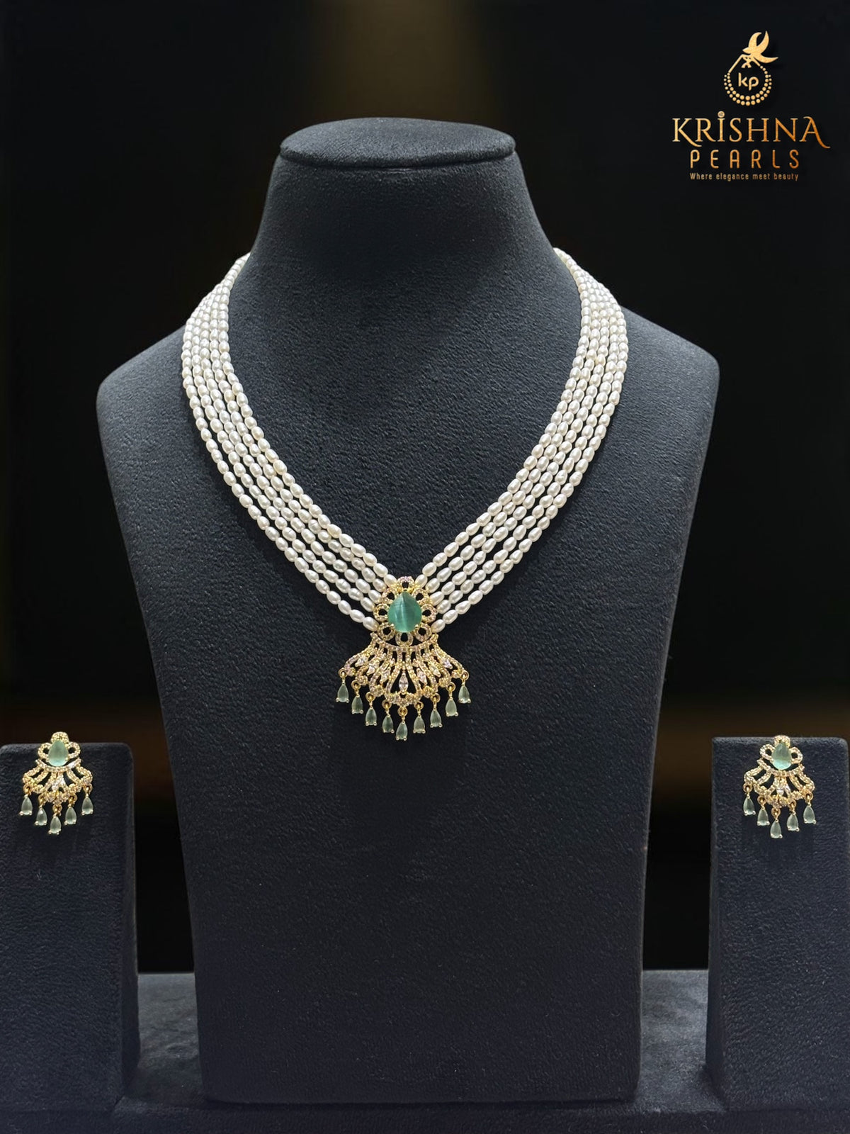 Authentic Pearls Five Layers Mint Blue Quartz Studded Necklace Set