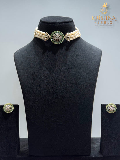 Mystic mint Blue Quartz Studded Pearls Choker set