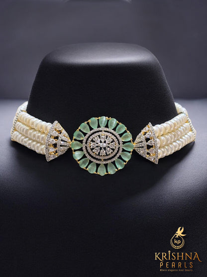 Mystic mint Blue Quartz Studded Pearls Choker set
