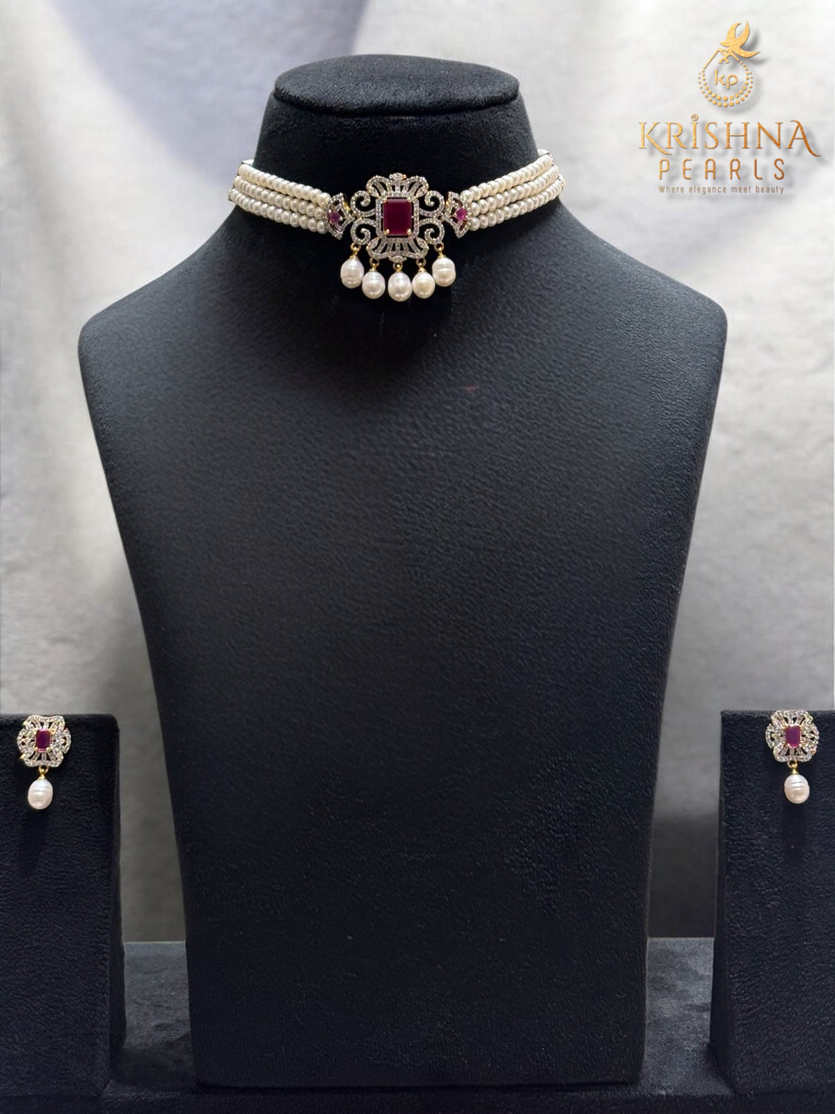 Nimazi Ruby & Zircon Studded Pearls Choker Set