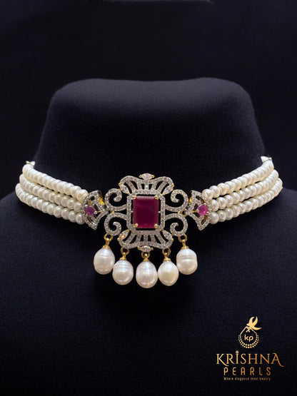 Nimazi Ruby & Zircon Studded Pearls Choker Set