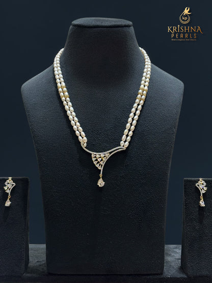 Designer Diamonds Studded Rice Pearl Two Rows Necklace Set