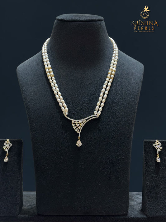 Designer Diamonds Studded Rice Pearl Two Rows Necklace Set