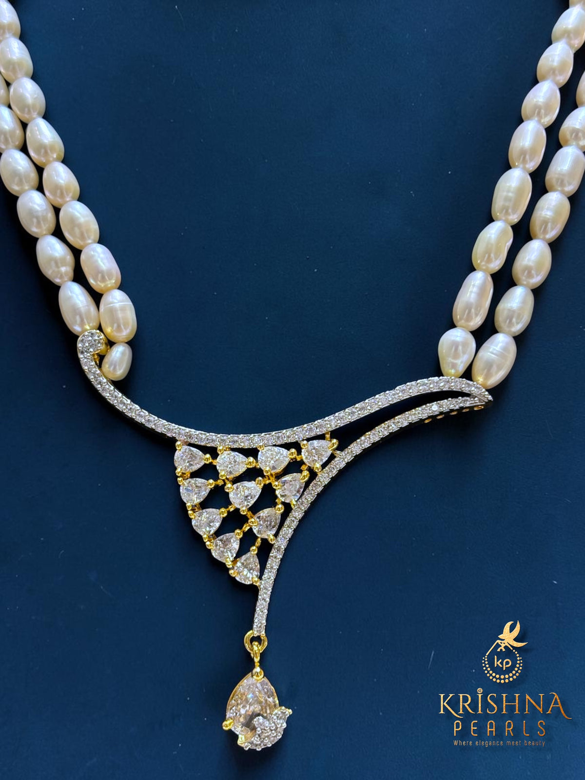 Designer Diamonds Studded Rice Pearl Two Rows Necklace Set