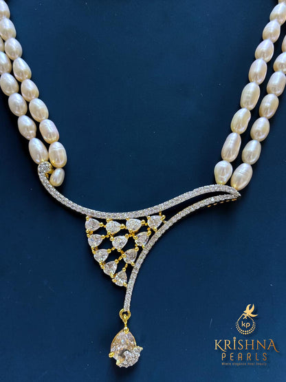 Designer Diamonds Studded Rice Pearl Two Rows Necklace Set