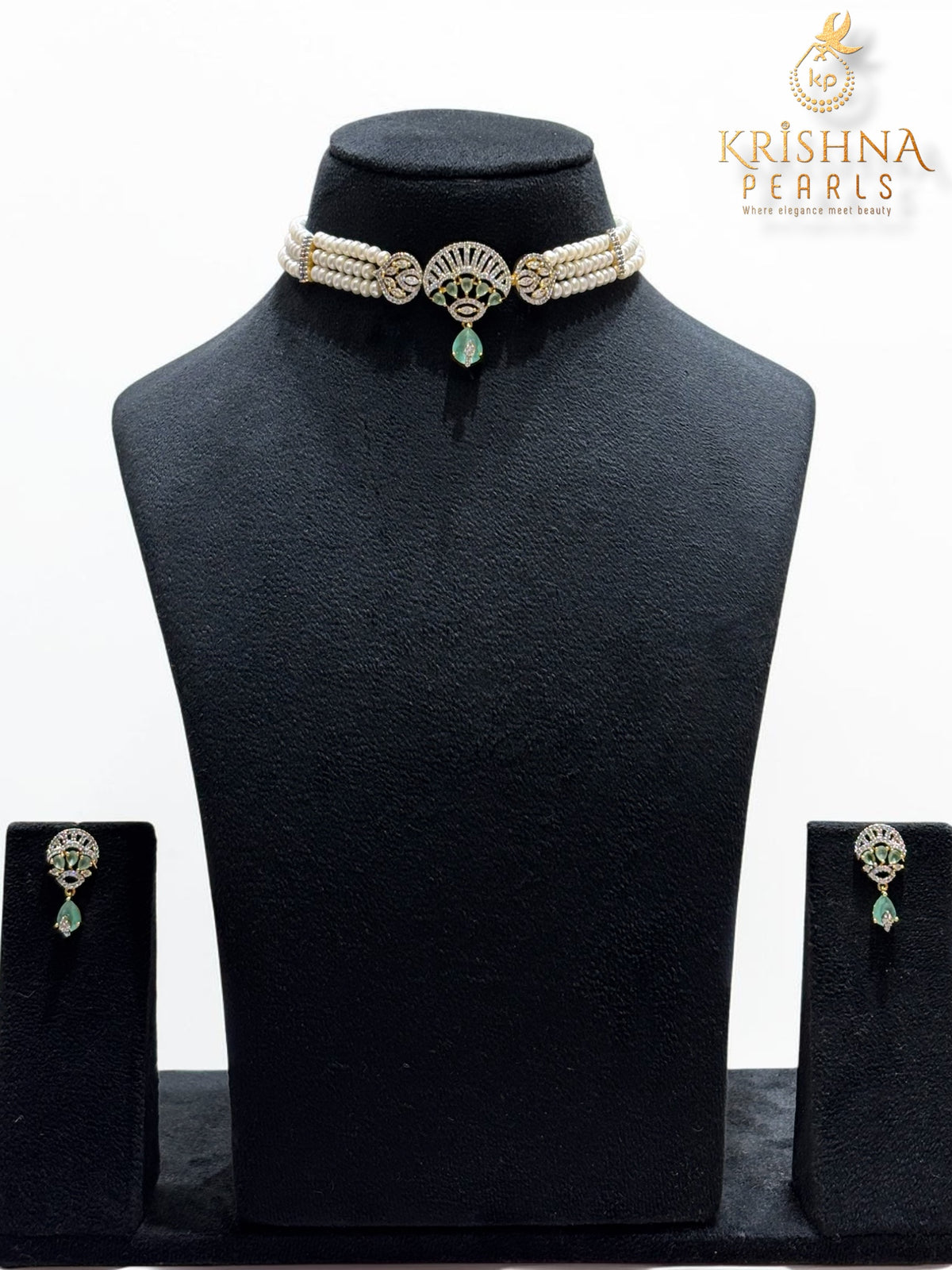 Designer Three Row Choker Mint Green Pendent Pearls Necklace Set