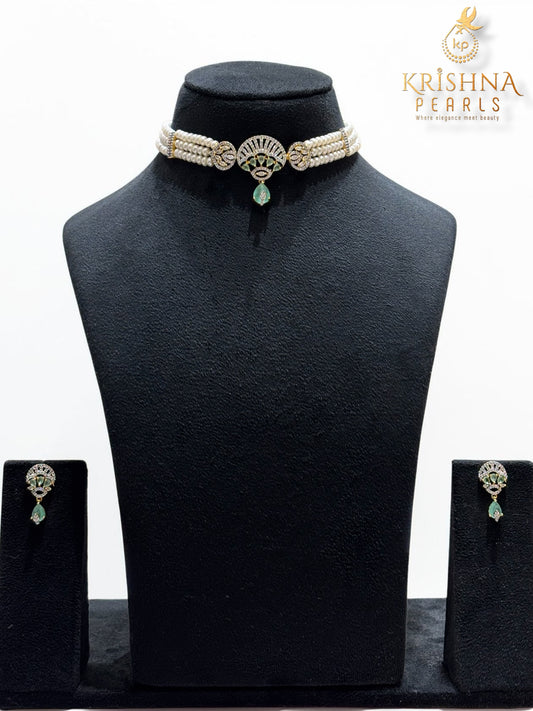 Designer Three Row Choker Mint Green Pendent Pearls Necklace Set