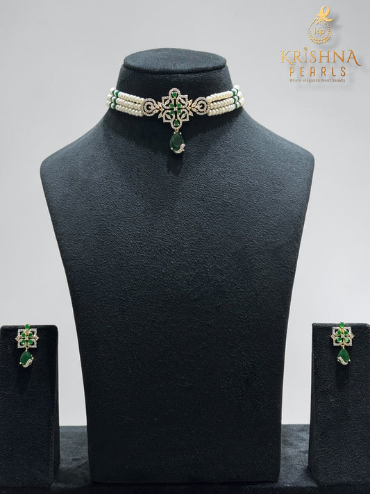 Designer Three Row Choker Green Pendant Set