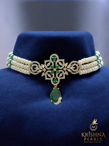 Designer Three Row Choker Green Pendant Set