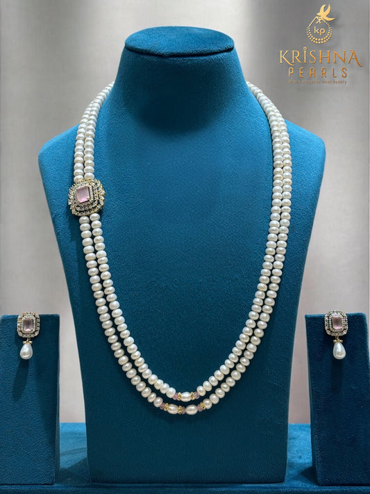 Rose Quartz Studded 2 Layered Pearls Necklace - Broach Design
