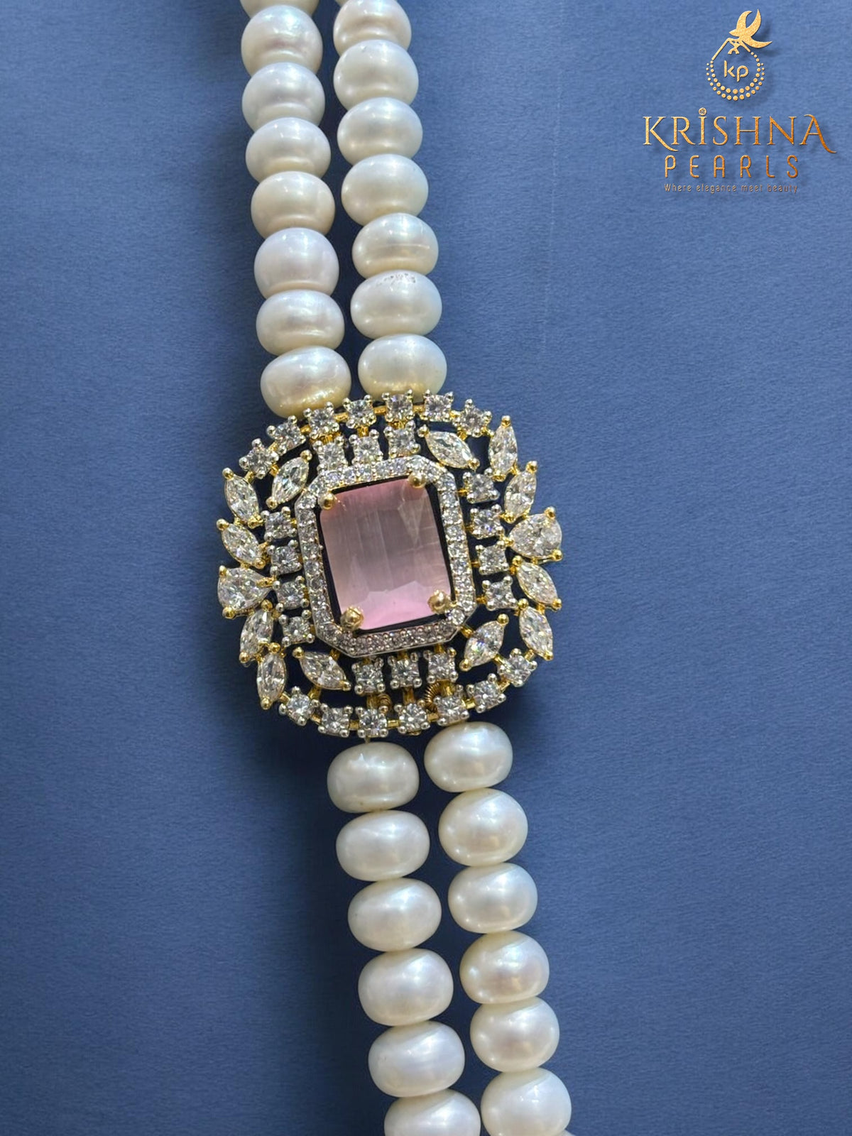 Rose Quartz Studded 2 Layered Pearls Necklace - Broach Design