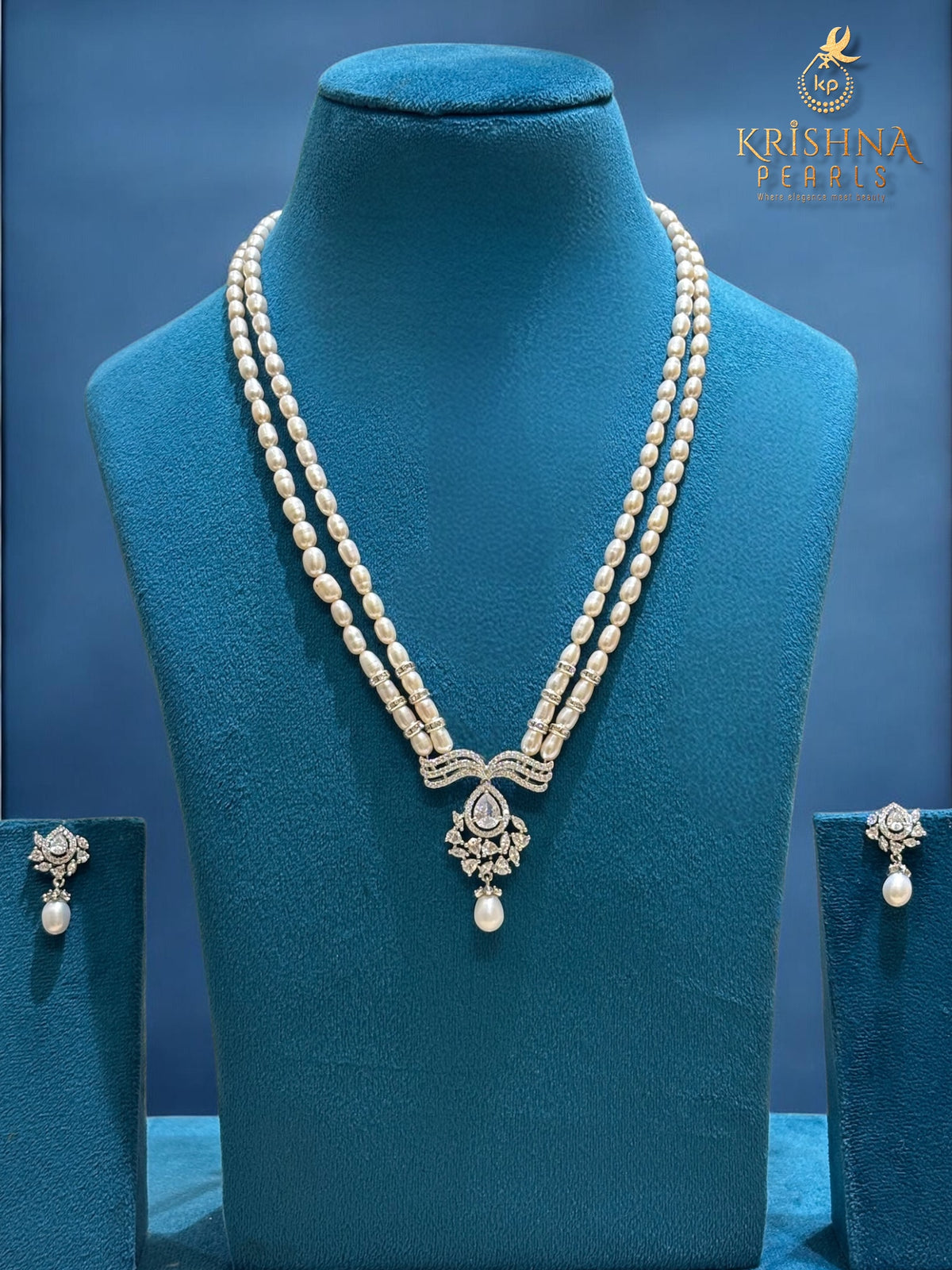 Beautiful 2 Rows Diamond Studded Pearls Necklace Set