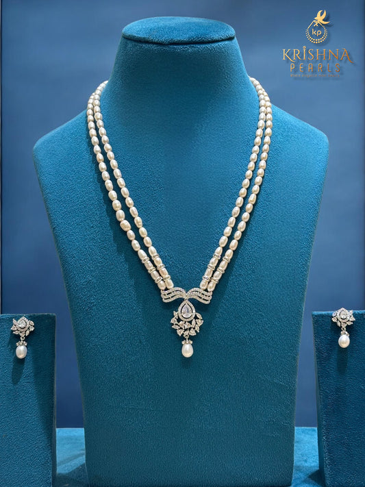 Beautiful 2 Rows Diamond Studded Pearls Necklace Set