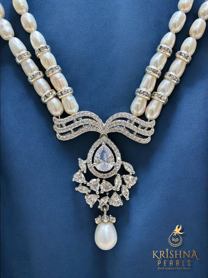 Beautiful 2 Rows Diamond Studded Pearls Necklace Set