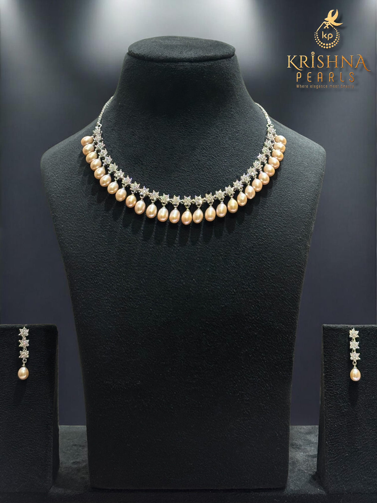 Diamonds Studded Pink Pearls Droplets Necklace Set AAA