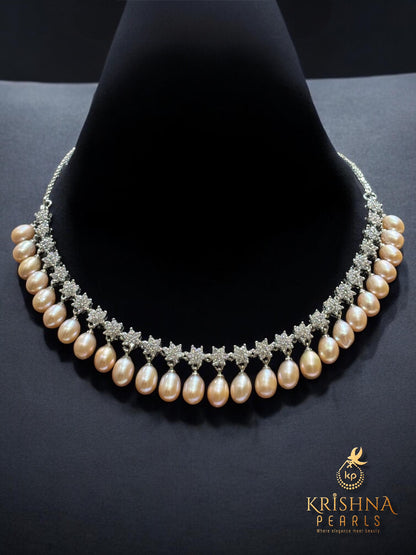 Diamonds Studded Pink Pearls Droplets Necklace Set AAA