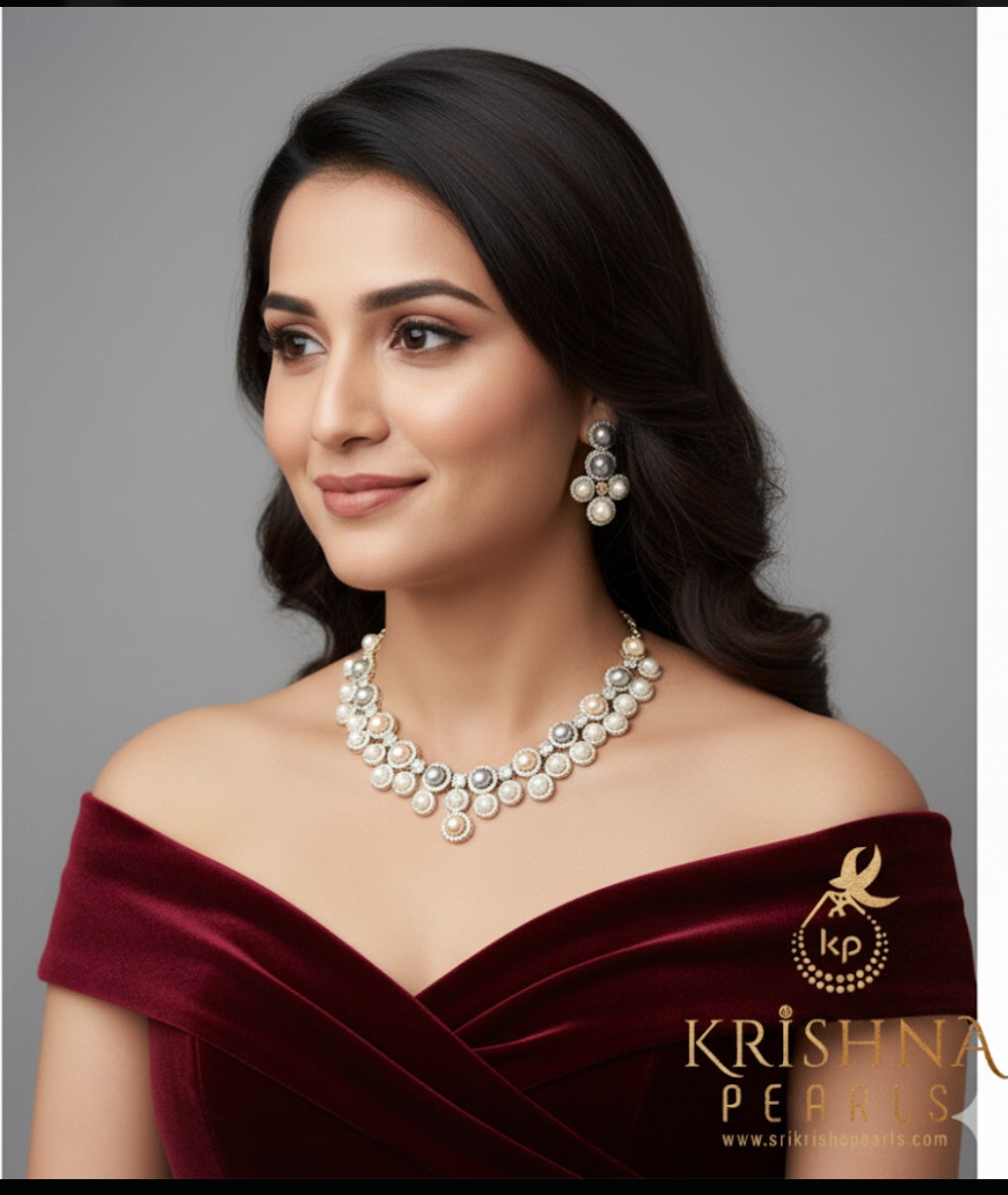 Exquisite Luxurious Multi-Color Freshwater Pearl Necklace Set | Authentic Hyderabadi Pearls by Sri Krishna Pearls