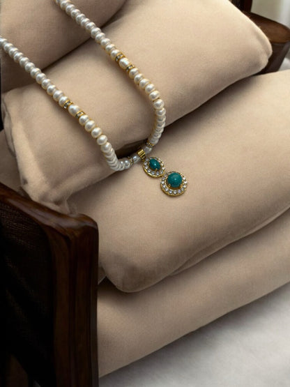 Natural Single Line Pearls with Turquoise Locket Set