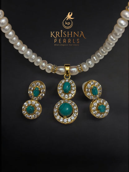 Natural Single Line Pearls with Turquoise Locket Set