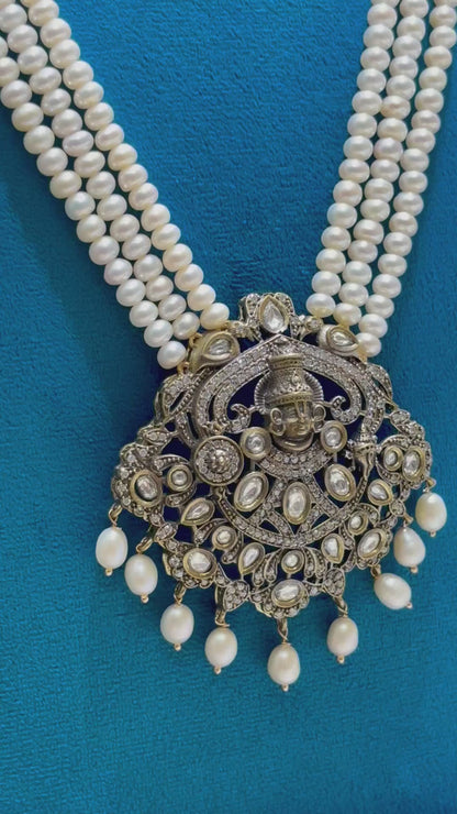 Tirupati Balaji Oxidised Pendent With Three Strand Pearls Long Necklace Set Temple Jewellery