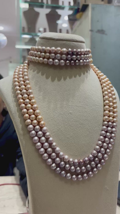Round Pink Pearls 7-8 MM Necklace With Choker Set