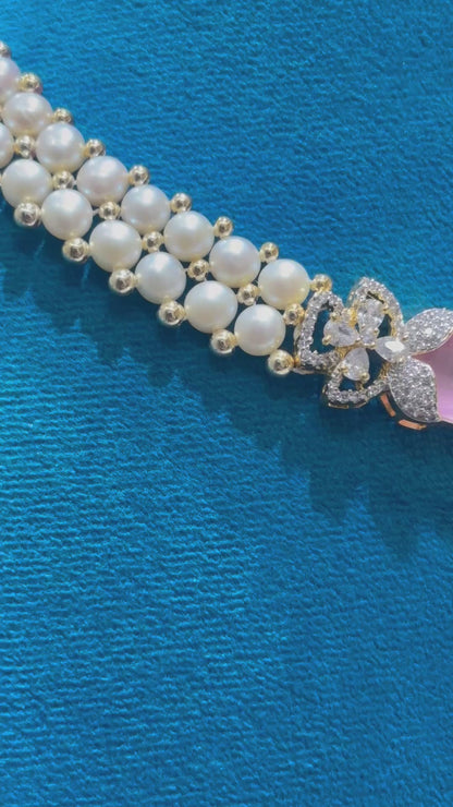 Royal Rose Quartz & Button Pearls Necklace Set
