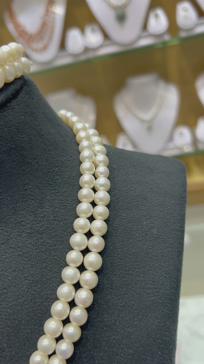 Luxurious Lustrous Round Pearls Two Layered 8MM with Bracelet Earrings Combo Necklace