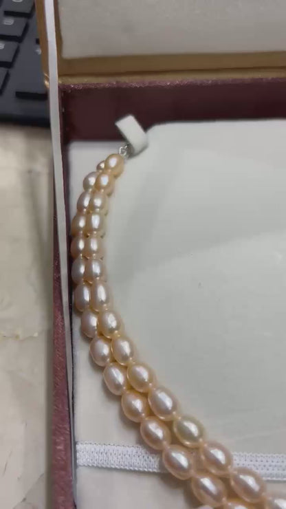 2 Line Pearls Necklace - Oval Peach Pink Double Strand Pearls Necklace Set