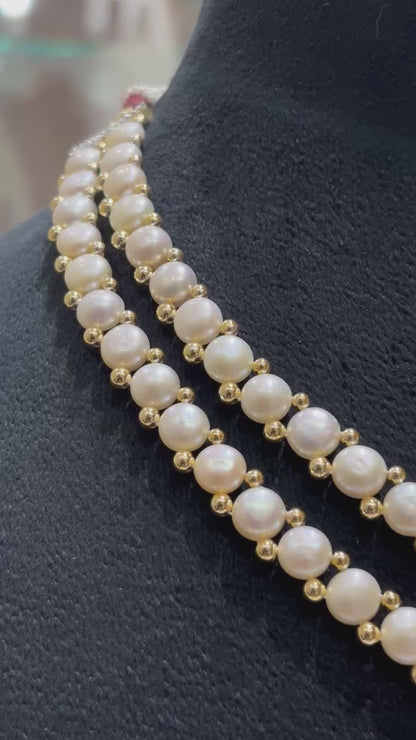 Button Pearls & Rose Quartz Double Layer Necklace Set