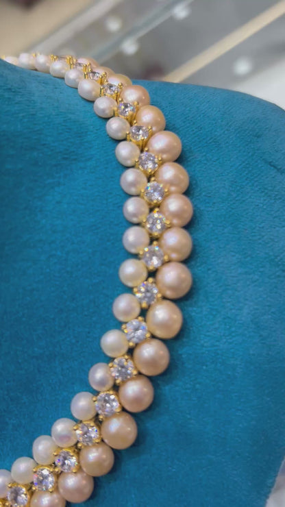 Royal Two-Tone Natural Freshwater Pearl & CZ Necklace Set with Matching Earrings | Sri Krishna Pearls