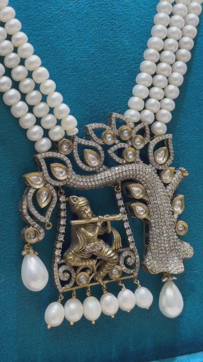 Divine Lord Krishna Murali-Manohar Three layers Pearl Necklace Set